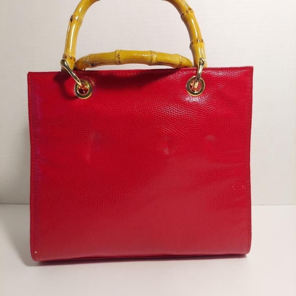 Giorgio Beverly Hills Hand Bag Red Faux Leather Bamboo Straps Minor Damage - Picture 5 of 16